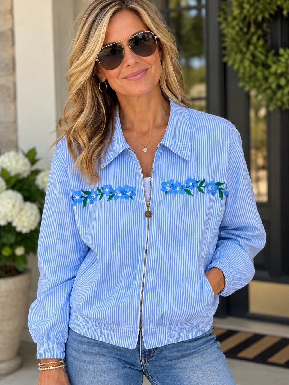 Hand Embroidered Light Blue Striped Jacket